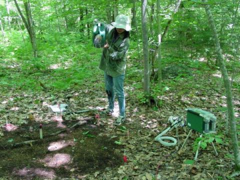 Hui-Ju Wu uses a commercial soil flux chamber in a rain simulation experiment, Harvard Forest, Massachusetts